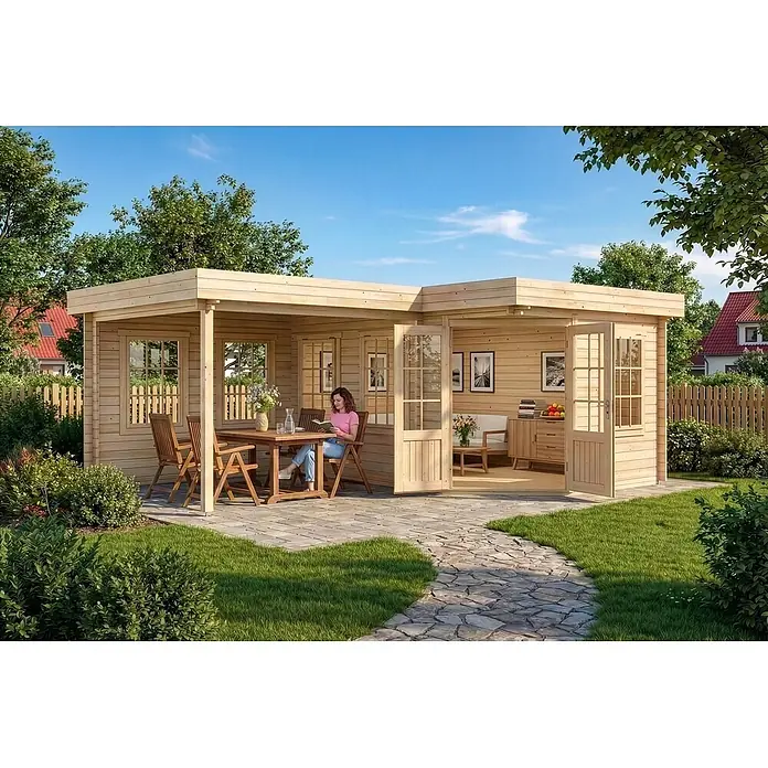 Alpholz Gartenhaus ECO Set Pepe - Außenmaß inkl. Dachüberstand (B x T): 618 x 462 cm, Holz, Naturbelassen - Gartenhaus aus Holz mit Flachdach, ausgestattet mit Essbereich im Freien und Wohnbereich innen.