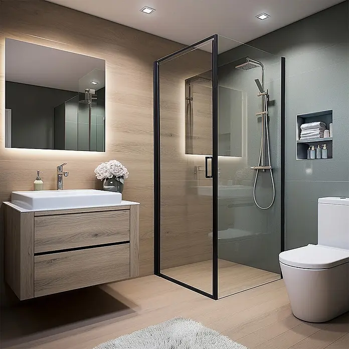 Home Deluxe Komplettdusche LIVIA - (L x B x H): 100 x 100 x 195 cm - 100 x 100 x 195 cm, Matt Schwarz - Modernes Badezimmer mit Waschtisch in Holzoptik, beleuchtetem Spiegel und Glasdusche, mit hellen Holz- und Türkisakzenten.