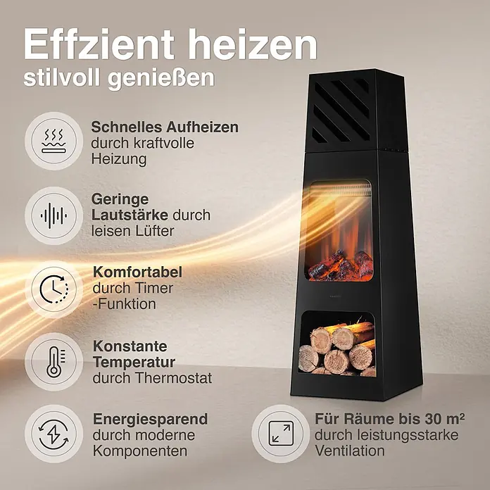 Elektrischer Kamin KAMINIO Kai Xl - 35 x 35 x 110 cm, Schwarz - Schwarzer Elektrokamin mit künstlichen Flammen und Holzscheiten, der effizientes Heizen, geringe Lautstärke und Timer-Funktionen hervorhebt.
