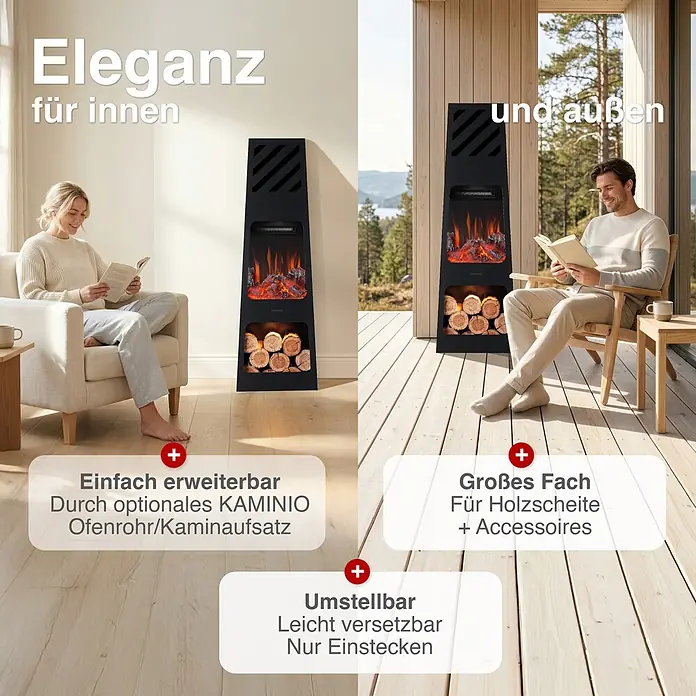 Elektrischer Kamin KAMINIO Kai Xl - 35 x 35 x 110 cm, Schwarz - Schwarzer Elektrokamin, tragbar für innen/außen, mit Flammeneffekt und Holzfach.