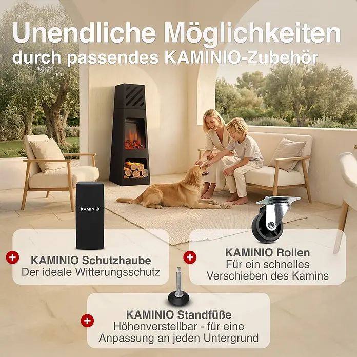 Elektrischer Kamin KAMINIO Kai Xl - 35 x 35 x 110 cm, Schwarz - Schwarzer KAMINIO Kamin auf einer Terrasse, mit Schutzhaube, Rollen und verstellbaren Standfüßen.