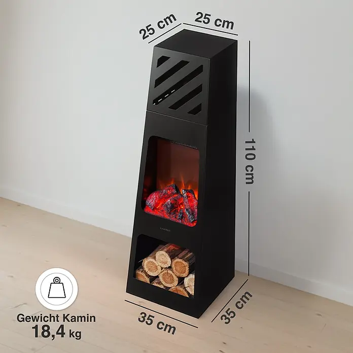 Elektrischer Kamin KAMINIO Kai Xl - 35 x 35 x 110 cm, Schwarz - Schwarzer Elektrokamin mit künstlichen Flammen und Holzscheitablage, 110 cm hoch, 35x35 cm Basis.