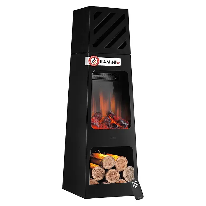 Elektrischer Kamin KAMINIO Kai Xl - 35 x 35 x 110 cm, Schwarz - Schwarzer Elektrokamin mit realistischer Flammenoptik, Holzablage und Fernbedienung.