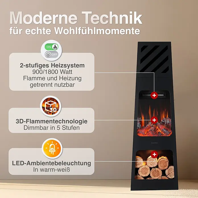 Elektrischer Kamin KAMINIO Kai Xl - 35 x 35 x 110 cm, Schwarz - Ein hoher, schwarzer Elektrokamin mit realistischem 3D-Flammeneffekt, 2-Stufen-Heizung (900/1800W) und warmweißer LED-Beleuchtung.