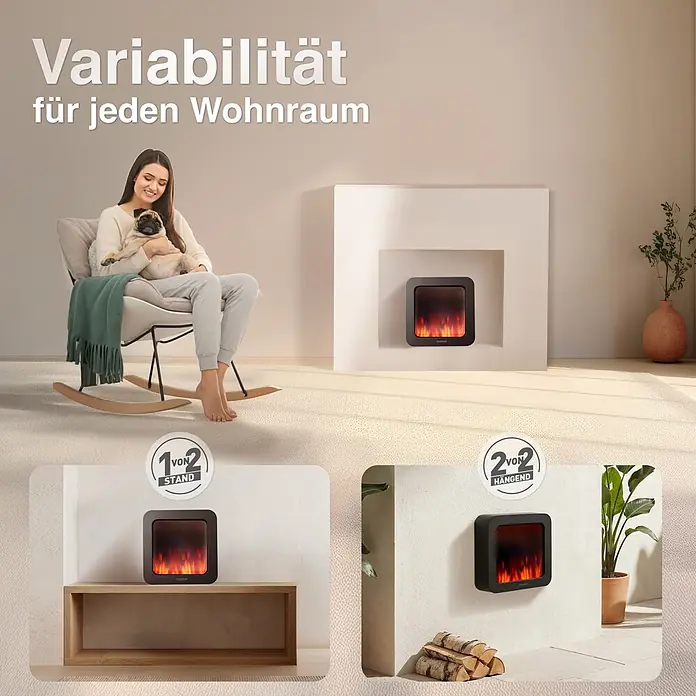 Elektrischer Kamin KAMINIO Mia L - 17,5 x 25 x 25 cm, Schwarz - Dunkler Elektrokamin, stehend und wandmontiert gezeigt, demonstriert seine Vielseitigkeit in verschiedenen Wohnräumen.