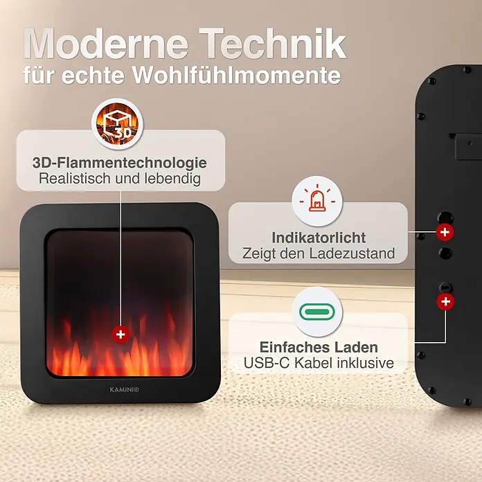 Elektrischer Kamin KAMINIO Mia L - 17,5 x 25 x 25 cm, Schwarz - Schwarzer elektrischer Kamin mit 3D-Flammentechnologie, Ladeanzeige und USB-C-Ladeanschluss.