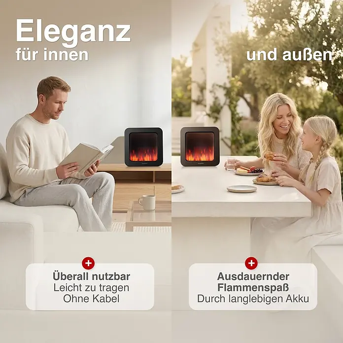 Elektrischer Kamin KAMINIO Mia L - 17,5 x 25 x 25 cm, Schwarz - Tragbarer Elektrokamin mit Flammeneffekt in Schwarz und Dunkelgrau. Drinnen und draußen gezeigt, betont kabellosen und flexiblen Einsatz.