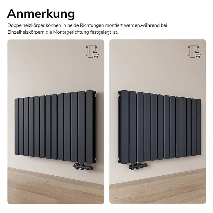 Emke Designheizkörper Flatrad FR - Wärmeleistung bei Vorlauftemperatur von 75 °C (D: 50): 1.343 W, Anthrazit - Dunkelgrauer Flachheizkörper in zwei Montagerichtungen an der Wand.