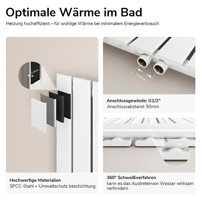 Emke Designheizkörper Flatrad FR - Wärmeleistung bei Vorlauftemperatur von 75 °C (D: 50): 948 W, Weiß - Weißer Badheizkörper mit 1,5mm SPCC-Stahlplatten, G1/2"-Anschlüssen und 360°-Schweißung für effizientes, leckfreies Heizen.