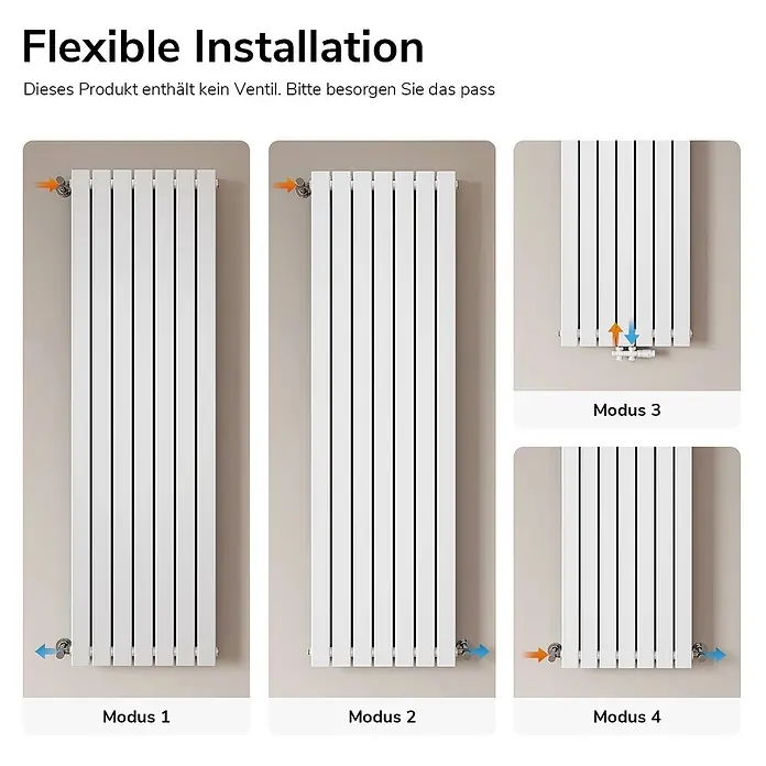Emke Designheizkörper Flatrad FR - Wärmeleistung bei Vorlauftemperatur von 75 °C (D: 50): 1.107 W, Weiß - Weißer Heizkörper zeigt vier flexible Anschlussmöglichkeiten (oben/unten, links/rechts Ein-/Auslässe).
