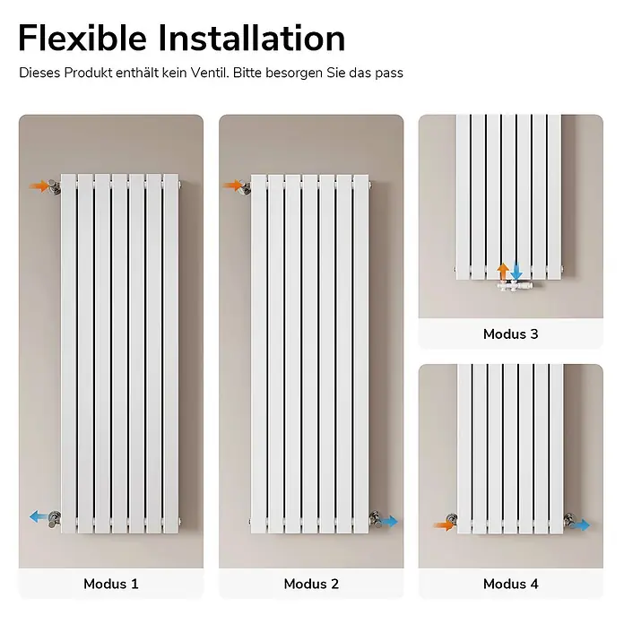 Emke Designheizkörper Flatrad FR - Wärmeleistung bei Vorlauftemperatur von 75 °C (D: 50): 991 W, Weiß - Weißer Vertikalheizkörper mit vier flexiblen Anschlussoptionen für den Wasserein- und -auslauf.