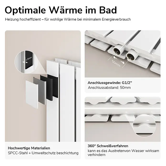 Emke Designheizkörper Doppellagig Vertikal - B x H: 30 x 60 cm, Wärmeleistung bei Vorlauftemperatur von 75 °C (D: 50): 327 W, Weiß - Weißer Badheizkörper aus 1,5mm SPCC-Stahl, mit G1/2" Anschlüssen, 50mm Abstand und 360°-Schweißverfahren für optimale Wärme.