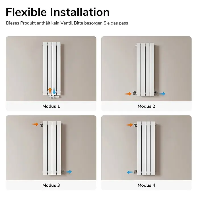Emke Designheizkörper Flatrad FR - B x H: 30 x 90 cm, Wärmeleistung bei Vorlauftemperatur von 75 °C (D: 50): 446 W, Weiß - Weißer, vertikaler Heizkörper mit vier Diagrammen, die flexible Anschlussmöglichkeiten zeigen.