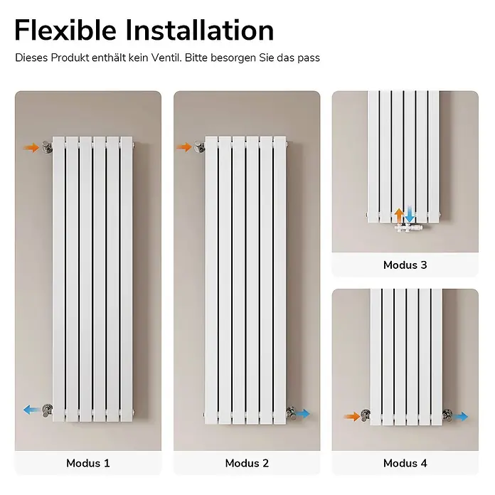 Emke Designheizkörper Flatrad FR - B x H: 46 x 160 cm, Wärmeleistung bei Vorlauftemperatur von 75 °C (D: 50): 1.490 W, Weiß - Weißer Paneelheizkörper mit vier flexiblen Anschlussmöglichkeiten für Wasserleitungen.