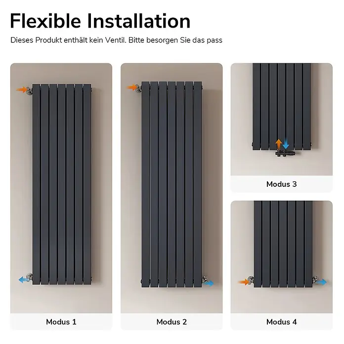 Emke Designheizkörper Flatrad FR - Wärmeleistung bei Vorlauftemperatur von 75 °C (D: 50): 1.949 W, Anthrazit - Dunkelgrauer Plattenheizkörper mit vier flexiblen Installations- und Anschlussmöglichkeiten.