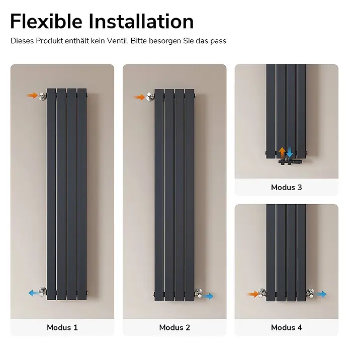 Emke Designheizkörper Flatrad FR - Wärmeleistung bei Vorlauftemperatur von 75 °C (D: 50): 557 W, Anthrazit - Anthrazitfarbener Flachheizkörper mit vier flexiblen Installationsmodi und verschiedenen Anschlussmöglichkeiten. Ventile sind nicht enthalten.
