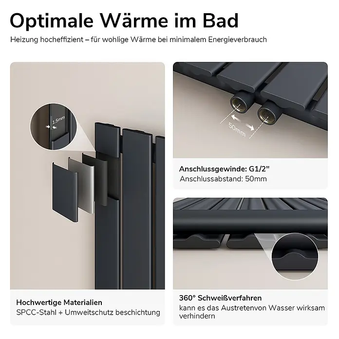 Emke Designheizkörper Flatrad FR - Wärmeleistung bei Vorlauftemperatur von 75 °C (D: 50): 557 W, Anthrazit - Anthrazitfarbener Badheizkörper aus SPCC-Stahl mit umweltfreundlicher Beschichtung und robusten G1/2"-Anschlüssen.