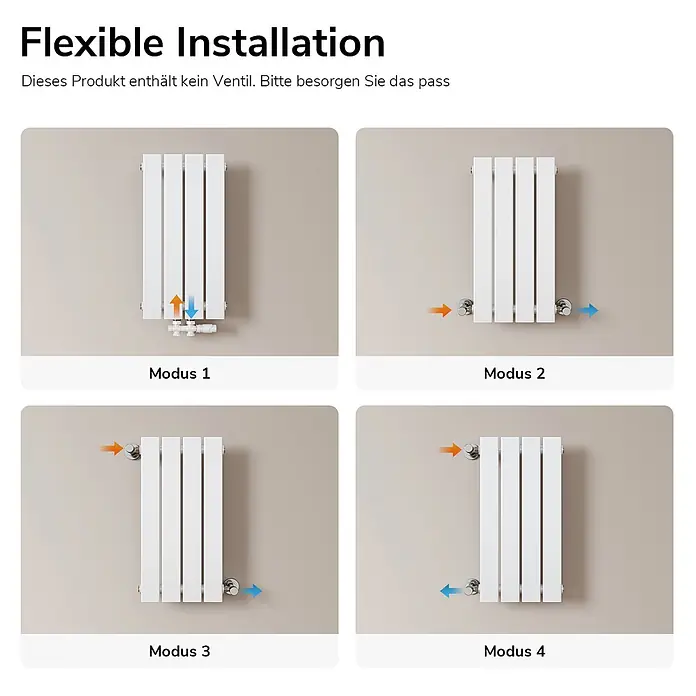 Emke Designheizkörper Flatrad FR - Wärmeleistung bei Vorlauftemperatur von 75 °C (D: 50): 233 W, Weiß - Weißer Vertikalheizkörper, der vier flexible Anschlussmöglichkeiten für Warm- und Kaltwasser zeigt.