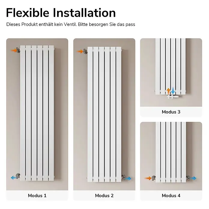 Emke Designheizkörper Flatrad FR - Wärmeleistung bei Vorlauftemperatur von 75 °C (D: 50): 948 W, Weiß - Weißer vertikaler Paneelheizkörper, der vier flexible Rohrverbindungsoptionen zeigt.
