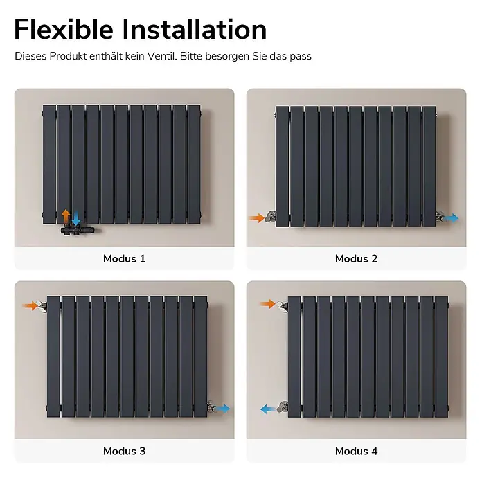 Emke Designheizkörper Flatrad FR - Wärmeleistung bei Vorlauftemperatur von 75 °C (D: 50): 618 W, Anthrazit - Dunkelgrauer Flachheizkörper mit vier flexiblen Anschlussmöglichkeiten für Wassersysteme.