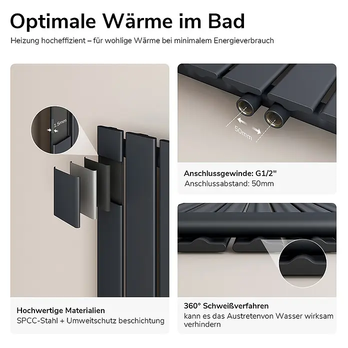 Emke Designheizkörper Flatrad FR - Wärmeleistung bei Vorlauftemperatur von 75 °C (D: 50): 618 W, Anthrazit - Dunkelgrauer Badheizkörper mit schlankem Design, zeigt 1,5 mm Stahlplatten, G1/2" Anschluss und 360° Schweißnähte für effizientes Heizen.
