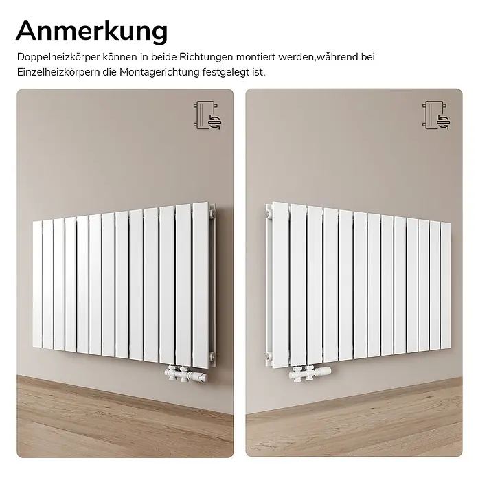 Emke Designheizkörper Flatrad FR - Wärmeleistung bei Vorlauftemperatur von 75 °C (D: 50): 1.343 W, Weiß - Zwei weiße Flachheizkörper zeigen flexible Montagerichtung mit Anschlüssen links oder rechts unten.