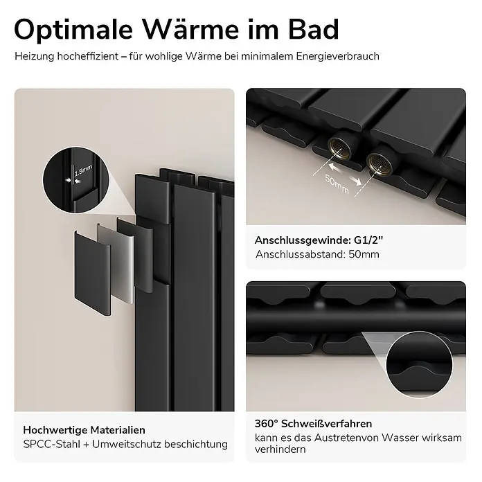 Emke Designheizkörper Flatrad FR - Wärmeleistung bei Vorlauftemperatur von 75 °C (D: 50): 911 W, Schwarz - Schwarzer Heizkörper aus SPCC-Stahl mit 1,5 mm dicken Paneelen, G1/2"-Anschlüssen und umweltfreundlicher Beschichtung.