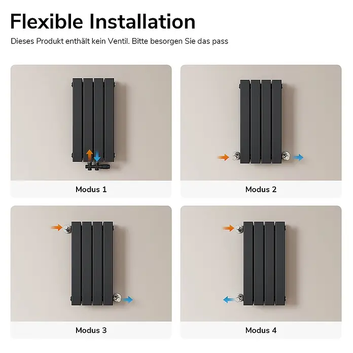 Emke Designheizkörper Flatrad FR - Wärmeleistung bei Vorlauftemperatur von 75 °C (D: 50): 327 W, Schwarz - Dunkelgrauer vertikaler Heizkörper mit vier flexiblen Installationsoptionen, die verschiedene Ventilanschlüsse zeigen.
