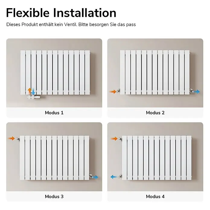 Emke Designheizkörper Flatrad FR - Wärmeleistung bei Vorlauftemperatur von 75 °C (D: 50): 1.343 W, Weiß - Weißer Heizkörper mit vier flexiblen Installationsoptionen und verschiedenen Wasserflussrichtungen.