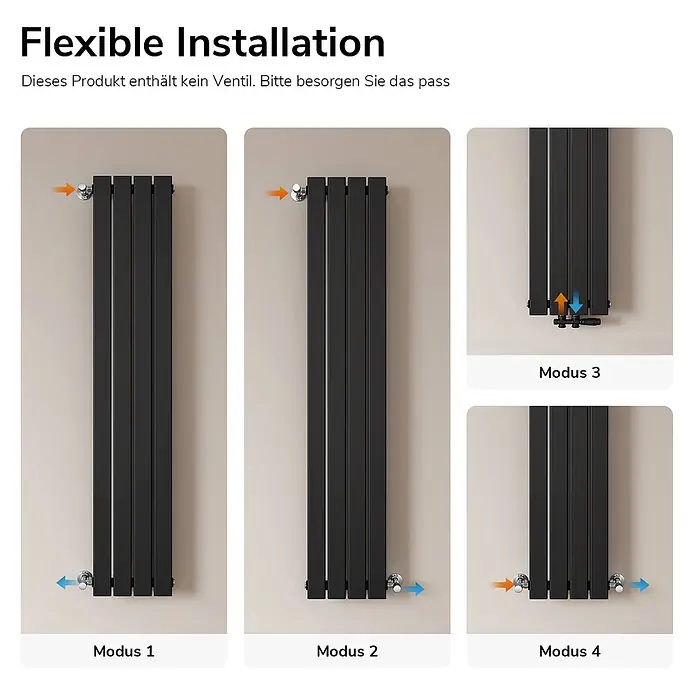 Emke Designheizkörper Flatrad FR - Wärmeleistung bei Vorlauftemperatur von 75 °C (D: 50): 557 W, Schwarz - Schwarzer vertikaler Heizkörper, der vier flexible Installationsmodi für Wasserzu- und -ablauf zeigt.