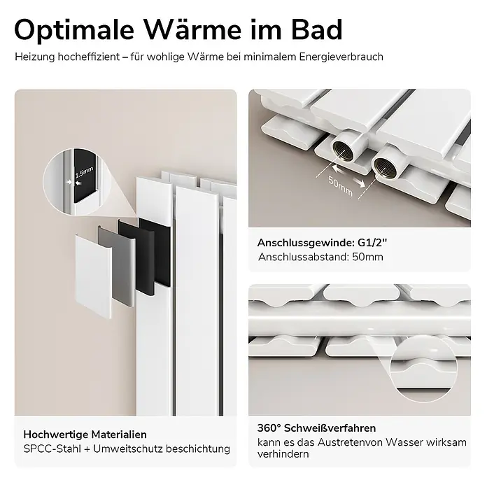 Emke Designheizkörper Flatrad FR - Wärmeleistung bei Vorlauftemperatur von 75 °C (D: 50): 1.136 W, Weiß - Weißer Heizkörper, hebt die robuste SPCC-Stahlkonstruktion, 1,5mm Dicke, G1/2"-Anschluss und leckagesichere 360°-Schweißung hervor.
