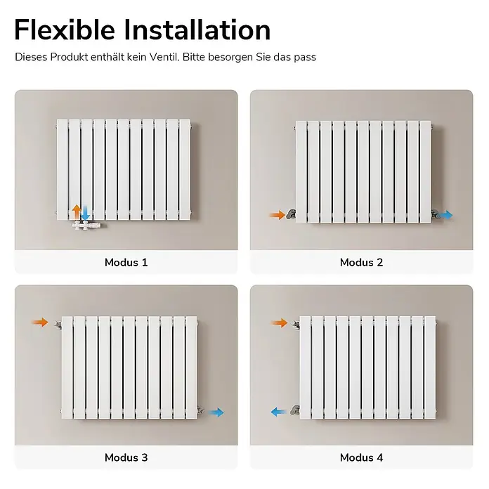 Emke Designheizkörper Flatrad FR - Wärmeleistung bei Vorlauftemperatur von 75 °C (D: 50): 1.136 W, Weiß - Weißer Heizkörper zeigt vier flexible Anschlussmöglichkeiten für die Installation.