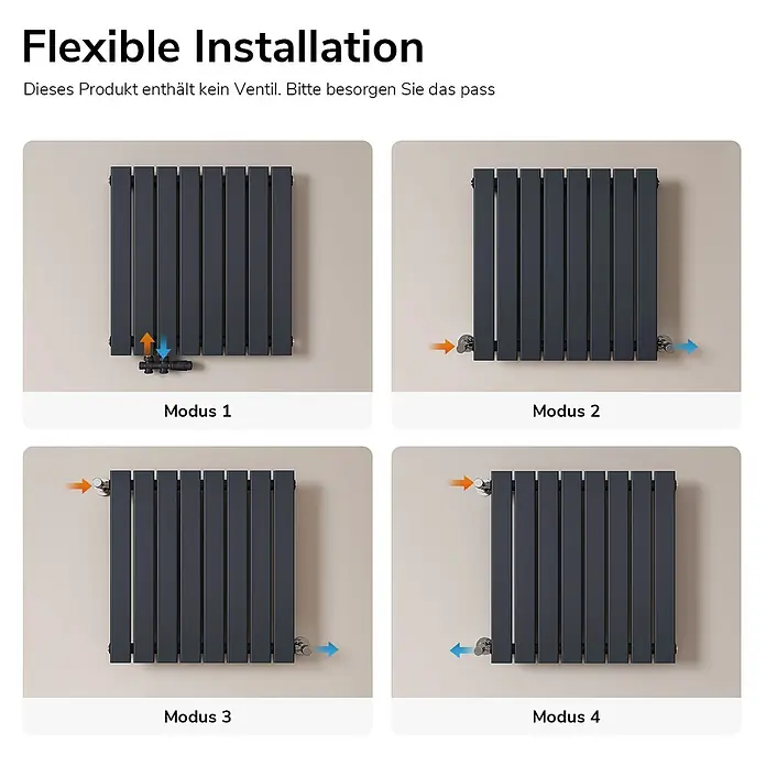 Emke Designheizkörper Flatrad FR - Wärmeleistung bei Vorlauftemperatur von 75 °C (D: 50): 450 W, Anthrazit - Dunkelgrauer Flachheizkörper mit vier flexiblen Anschlussmöglichkeiten.