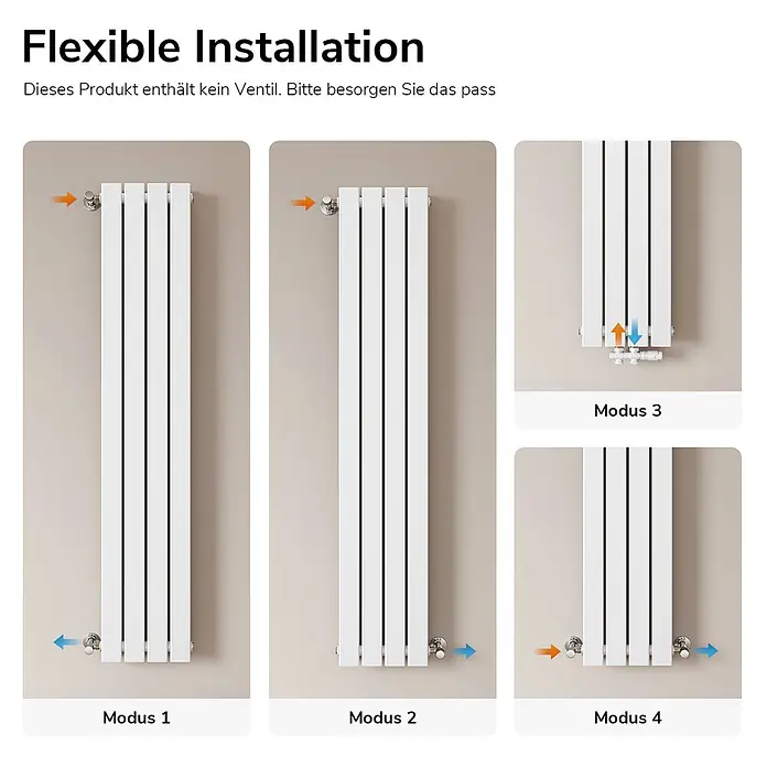 Emke Designheizkörper Flatrad FR - Wärmeleistung bei Vorlauftemperatur von 75 °C (D: 50): 889 W, Weiß - Weißer Vertikalheizkörper mit vier flexiblen Anschlussoptionen für vielseitige Installation.