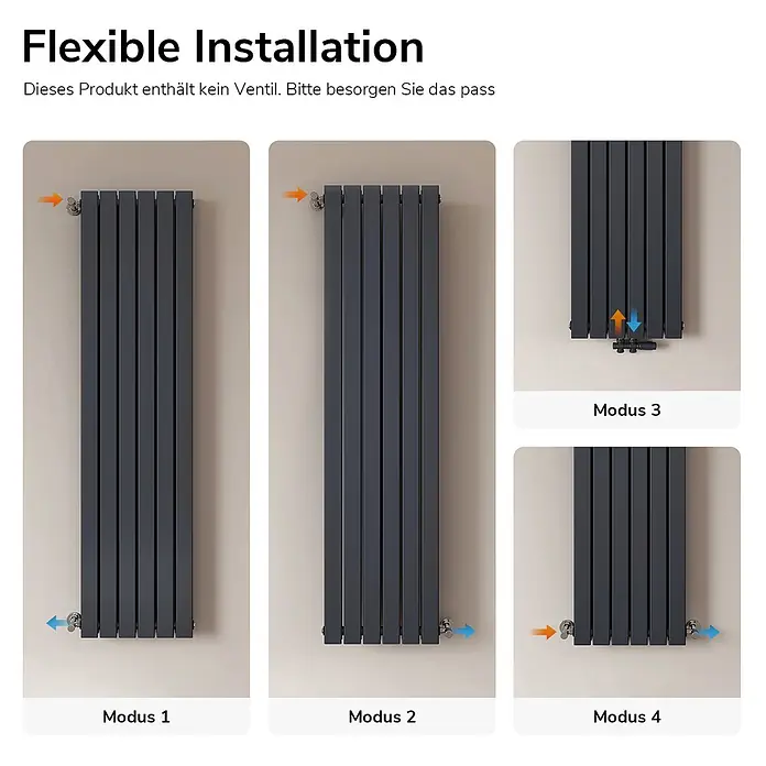 Emke Designheizkörper Flatrad FR - Wärmeleistung bei Vorlauftemperatur von 75 °C (D: 50): 1.670 W, Anthrazit - Dunkelgrauer Plattenheizkörper mit vier flexiblen Anschlussvarianten für Wasserzulauf/-ablauf.