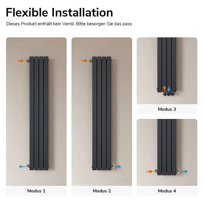 Emke Designheizkörper Flatrad FR - Wärmeleistung bei Vorlauftemperatur von 75 °C (D: 50): 911 W, Anthrazit - Dunkelgrauer vertikaler Heizkörper, der vier flexible Installationsmodi für Wasseranschlüsse zeigt.