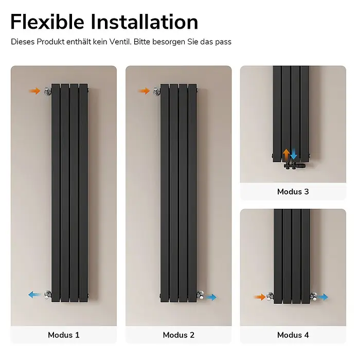 Emke Designheizkörper Flatrad FR - Wärmeleistung bei Vorlauftemperatur von 75 °C (D: 50): 911 W, Schwarz - Schwarzer Flachheizkörper mit vier verschiedenen Installationsmodi und Anschlussoptionen.