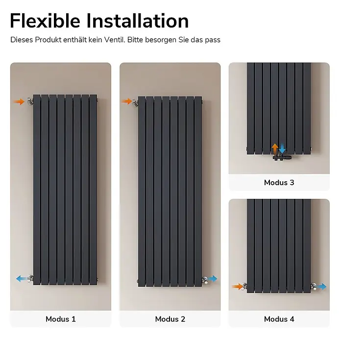 Emke Designheizkörper Flatrad FR - B x H: 62 x 180 cm, Wärmeleistung bei Vorlauftemperatur von 75 °C (D: 50): 2.227 W, Anthrazit - Dunkelgrauer Flachheizkörper mit vier flexiblen Installationsoptionen für Einlass-/Auslassanschlüsse.