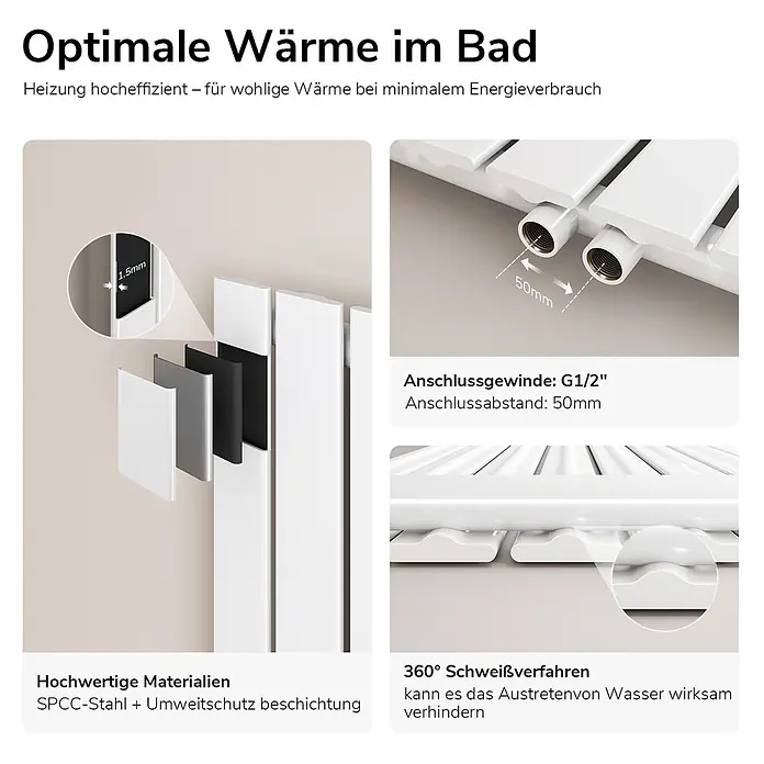 Emke Designheizkörper Flatrad FR - Wärmeleistung bei Vorlauftemperatur von 75 °C (D: 50): 450 W, Weiß - Weißer Badheizkörper aus 1,5mm SPCC-Stahl, mit G1/2"-Anschlüssen und 360°-Schweißverfahren für effiziente Wärme.