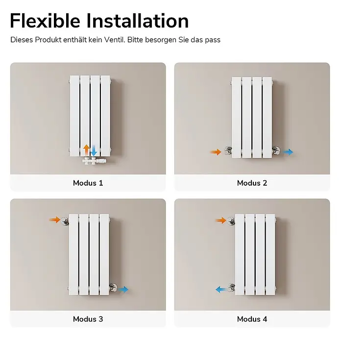 Emke Designheizkörper Flatrad FR - Wärmeleistung bei Vorlauftemperatur von 75 °C (D: 50): 327 W, Weiß - Weißer vertikaler Plattenheizkörper, der vier flexible Installationsmöglichkeiten mit verschiedenen Wasseranschlusskonfigurationen zeigt.