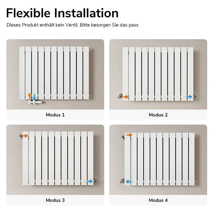 Emke Designheizkörper Flatrad FR - Wärmeleistung bei Vorlauftemperatur von 75 °C (D: 50): 618 W, Weiß - Weißer Paneelheizkörper mit vier flexiblen Anschlussoptionen für Wasserleitungen.