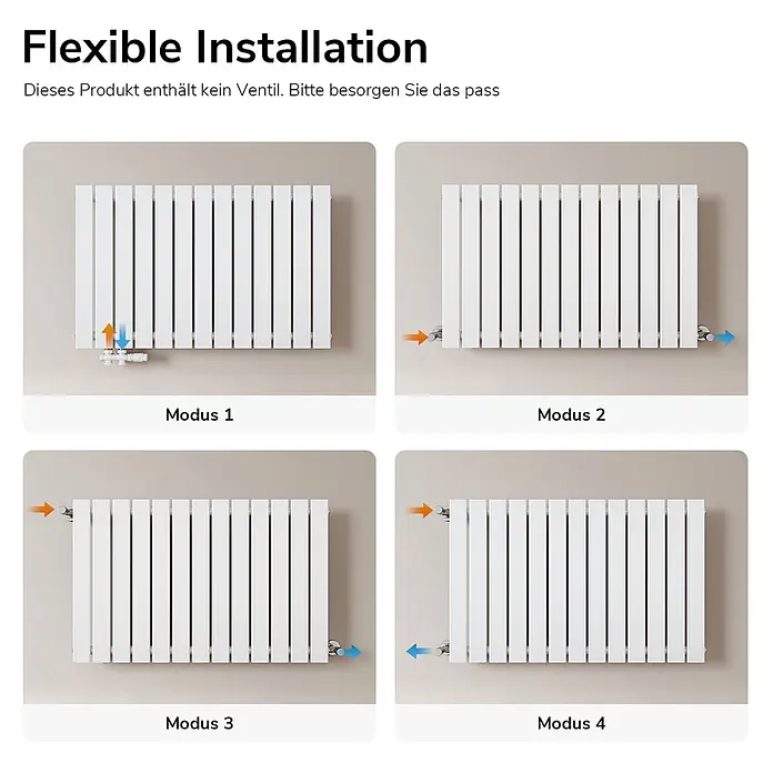 Emke Designheizkörper Flatrad FR - Wärmeleistung bei Vorlauftemperatur von 75 °C (D: 50): 730 W, Weiß - Weißer Flachheizkörper zeigt vier flexible Anschlussmöglichkeiten mit orangefarbenen (Einlass) und blauen (Auslass) Pfeilen.
