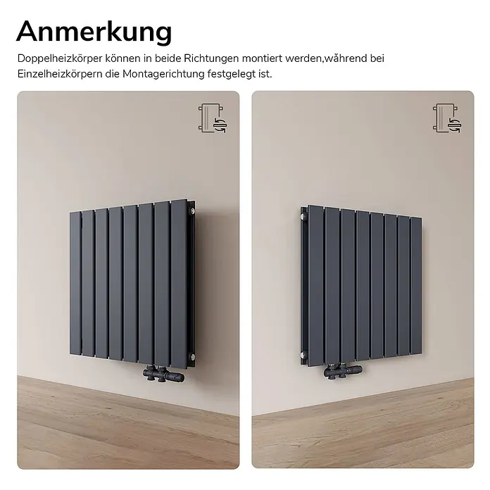 Emke Designheizkörper Flatrad FR - Wärmeleistung bei Vorlauftemperatur von 75 °C (D: 50): 826 W, Anthrazit - Zwei dunkelgraue Flachheizkörper zeigen die Möglichkeit der beidseitigen Montage.