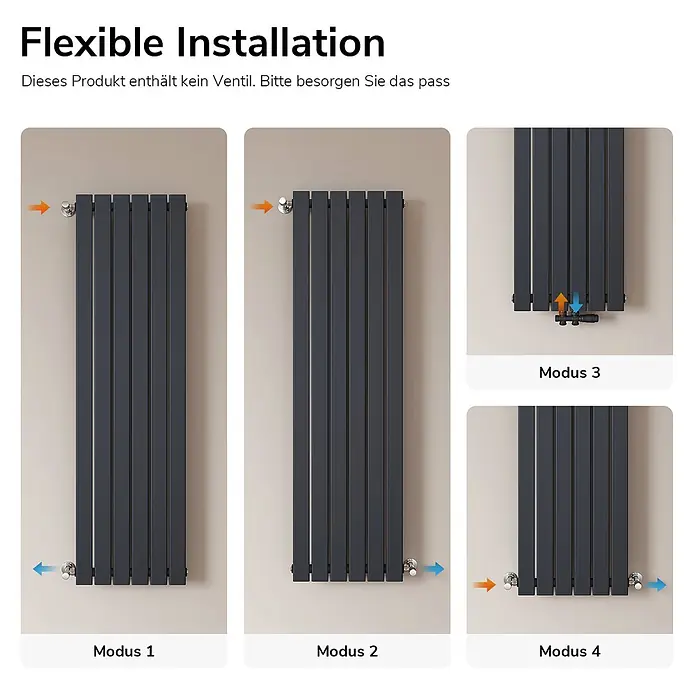 Emke Designheizkörper Flatrad FR - Wärmeleistung bei Vorlauftemperatur von 75 °C (D: 50): 850 W, Anthrazit - Dunkelgrauer Flachheizkörper mit vier Installationsmodi, die flexible Rohrverbindungen zeigen. Ventil nicht enthalten.