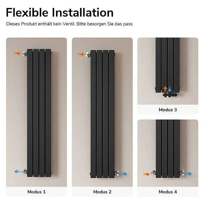 Emke Designheizkörper Flatrad FR - Wärmeleistung bei Vorlauftemperatur von 75 °C (D: 50): 889 W, Schwarz - Schwarzer vertikaler Heizkörper, der vier flexible Installationsoptionen für Rohranschlüsse zeigt.