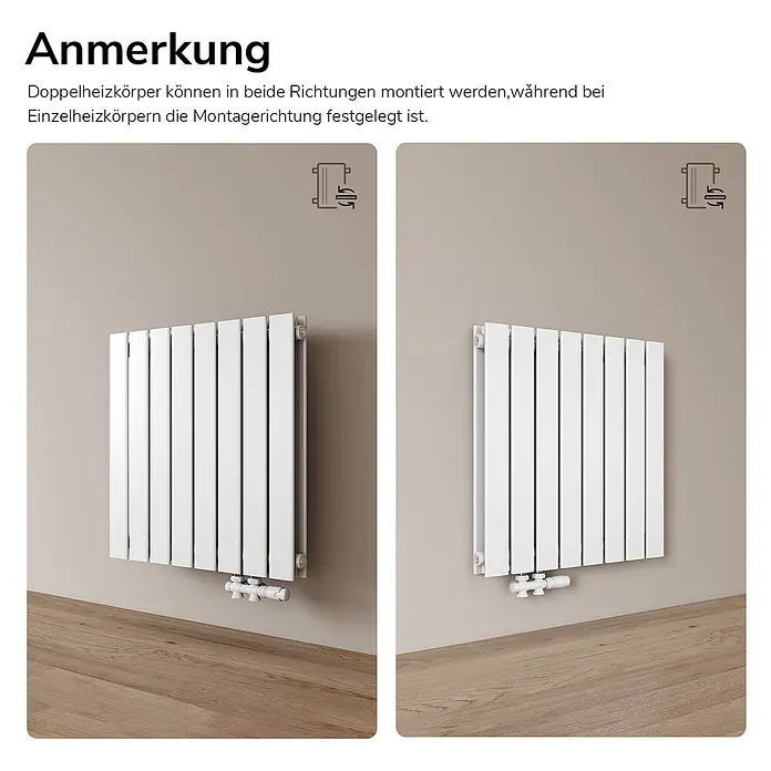 Emke Designheizkörper Flatrad FR - Wärmeleistung bei Vorlauftemperatur von 75 °C (D: 50): 826 W, Weiß - Zwei weiße Heizkörper an einer Wand montiert, die eine flexible Installation in zwei Richtungen zeigen.