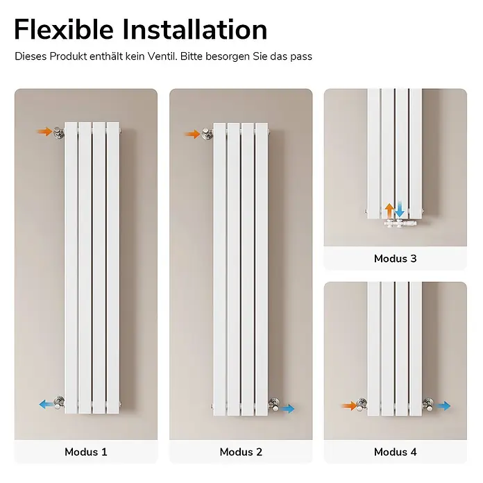 Emke Designheizkörper Flatrad FR - Wärmeleistung bei Vorlauftemperatur von 75 °C (D: 50): 557 W, Weiß - Weißer Heizkörper, der vier flexible Anschlussmodi zeigt.