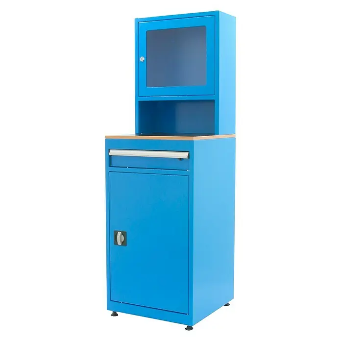 Simonrack Simonlocker Armario multiusos metálico Computer - L x An x Al: 57 x 56 x 170 cm - Armario de taller azul con cajón, puerta y vitrina para el taller. ¡Práctico y robusto!