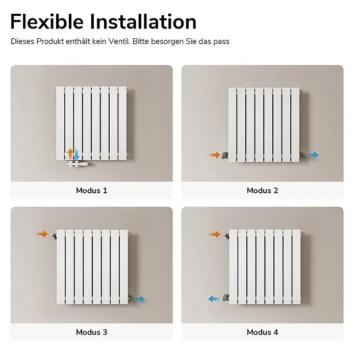 Emke Designheizkörper Flatrad FR - Wärmeleistung bei Vorlauftemperatur von 75 °C (D: 50): 826 W, Weiß - Weißer Heizkörper mit vier flexiblen Anschlussmodi für Rohrleitungen.