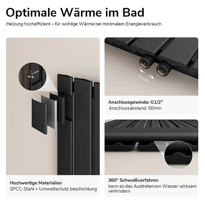 Emke Designheizkörper Flatrad FR - Wärmeleistung bei Vorlauftemperatur von 75 °C (D: 50): 403 W, Schwarz - Schwarzer Badheizkörper aus SPCC-Stahl mit 1,5mm Wandstärke und G1/2" Anschluss.